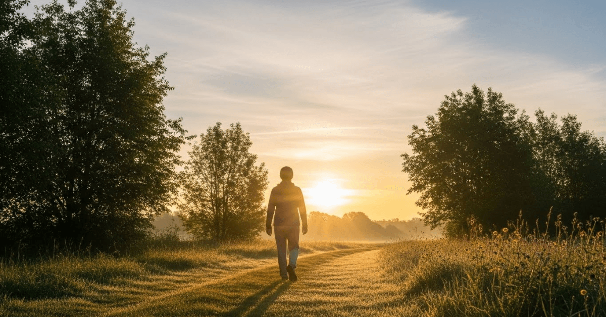A person walking calmly into the sunrise along a grassy path, symbolizing a gentle morning habit that supports metabolic health, clarity, and long-term wellness.