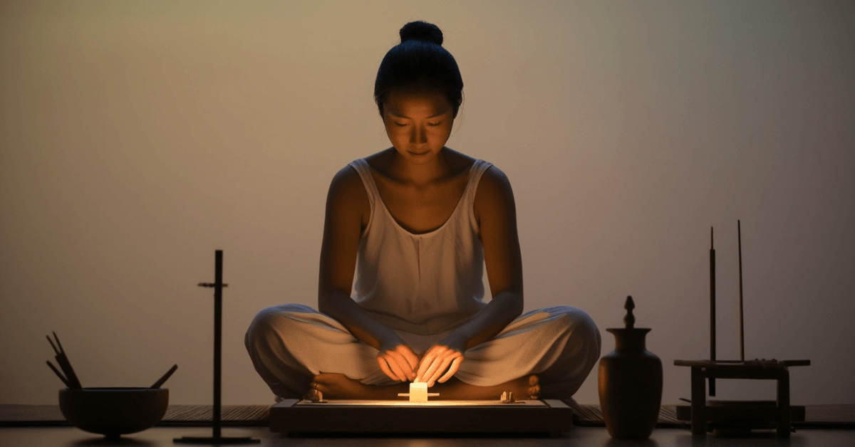 A person sitting calmly in a dim, minimalist space, focused on a small light, symbolizing inner discipline, mindfulness, and progress built through unseen effort.