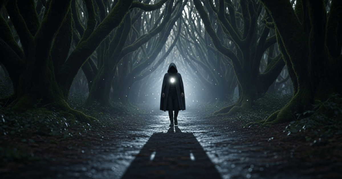 A solitary figure walking through a dark forest path with a soft inner light, symbolizing progress, discipline, and commitment built through unseen effort.