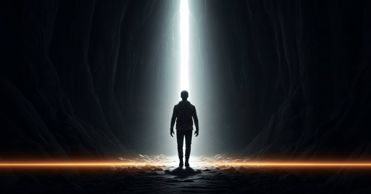 A lone figure standing in darkness as a powerful beam of light opens ahead, symbolizing the moment unseen effort turns into visible growth and personal breakthrough.