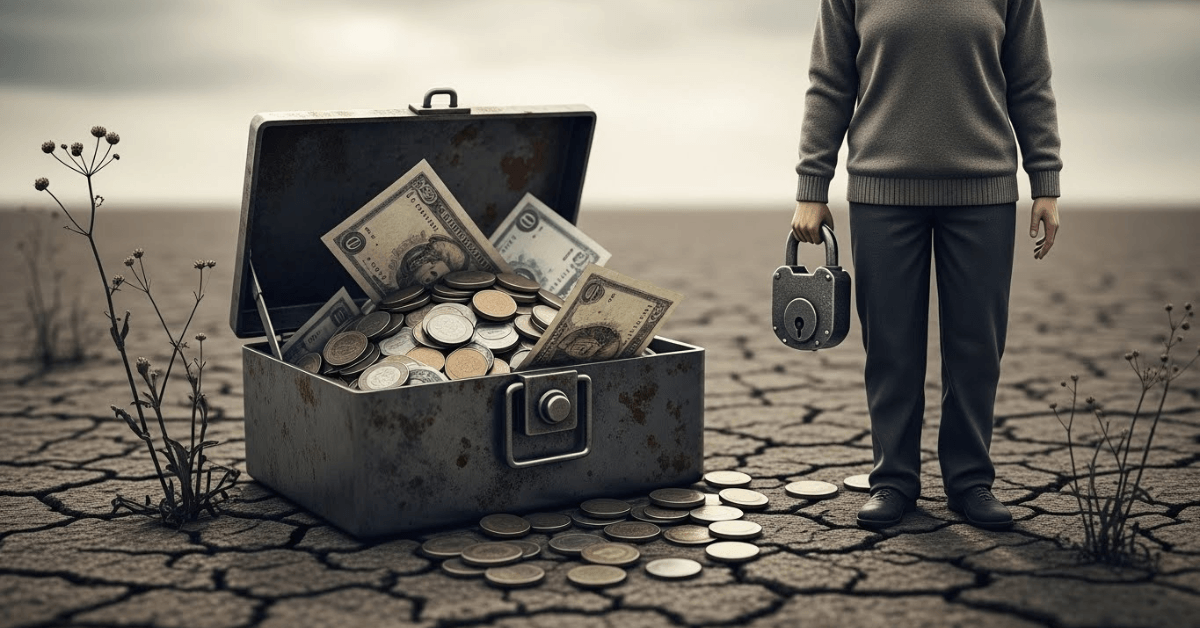 A person standing on cracked ground beside a locked cash box filled with money, symbolizing how saving alone can limit wealth growth without investing or movement.