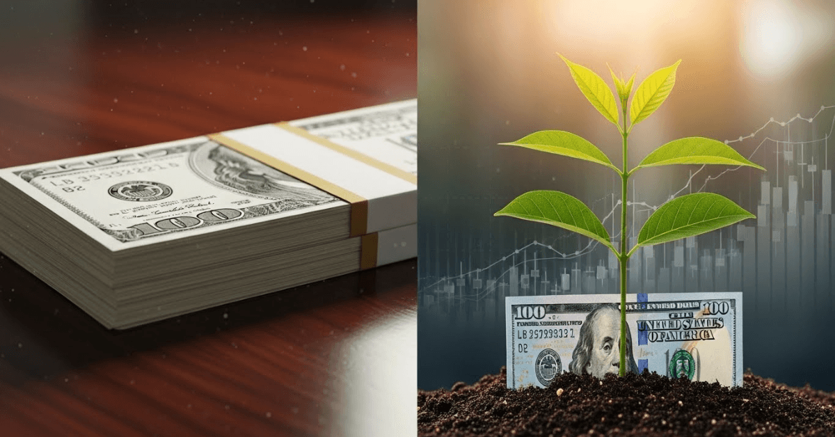 A split image showing a stack of cash on one side and a young plant growing from a dollar bill on the other, illustrating the difference between saving money and growing wealth through investment.