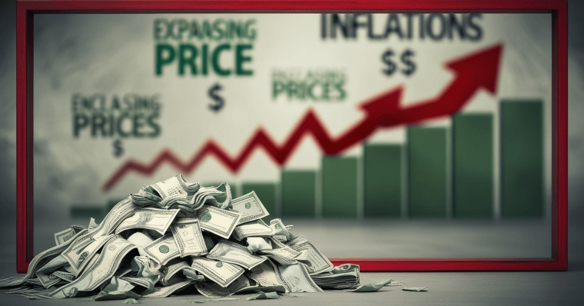 A shrinking pile of cash in front of a rising inflation chart, illustrating how inflation reduces the purchasing power of money over time.