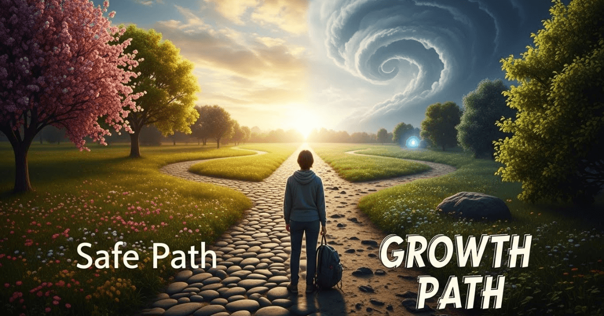 A person standing at a forked path labeled safe path and growth path, symbolizing the decision between financial safety and long-term wealth growth.
