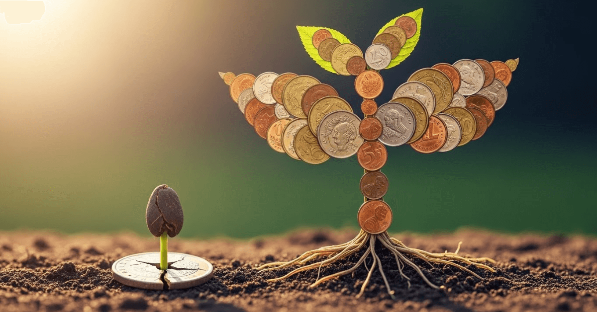 A small seed sprouting from a coin beside a larger tree made of coins, symbolizing how small investments can grow into long-term wealth through compounding.