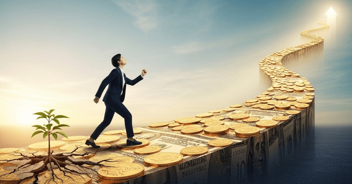 A person walking along a rising path made of coins toward a bright horizon, symbolizing wealth built gradually through consistent investment and growth over time.