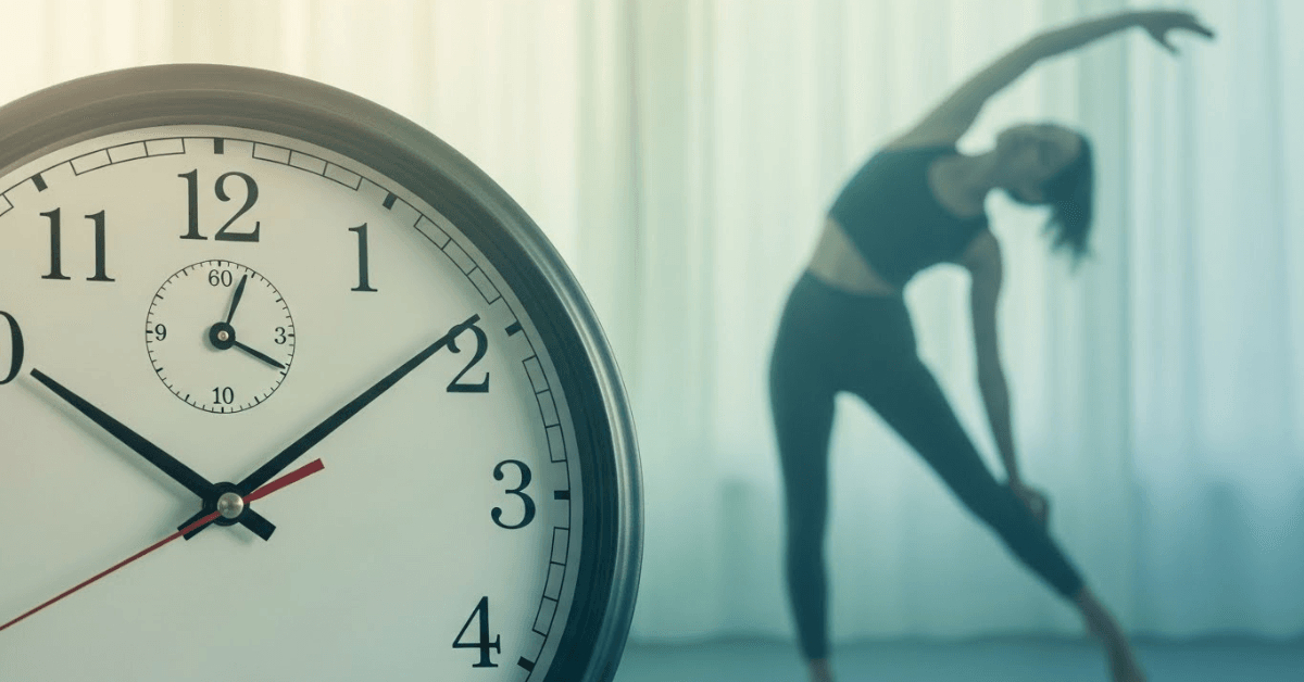 A clock in the foreground with a person stretching in the background, symbolizing short, time-based movement breaks that fit easily into a busy day.
