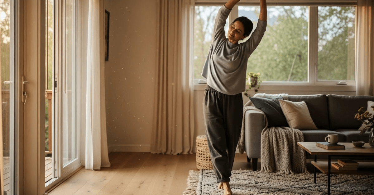 A person gently stretching in a living room with natural light, representing a short movement break that improves flexibility and reduces stiffness at home.
