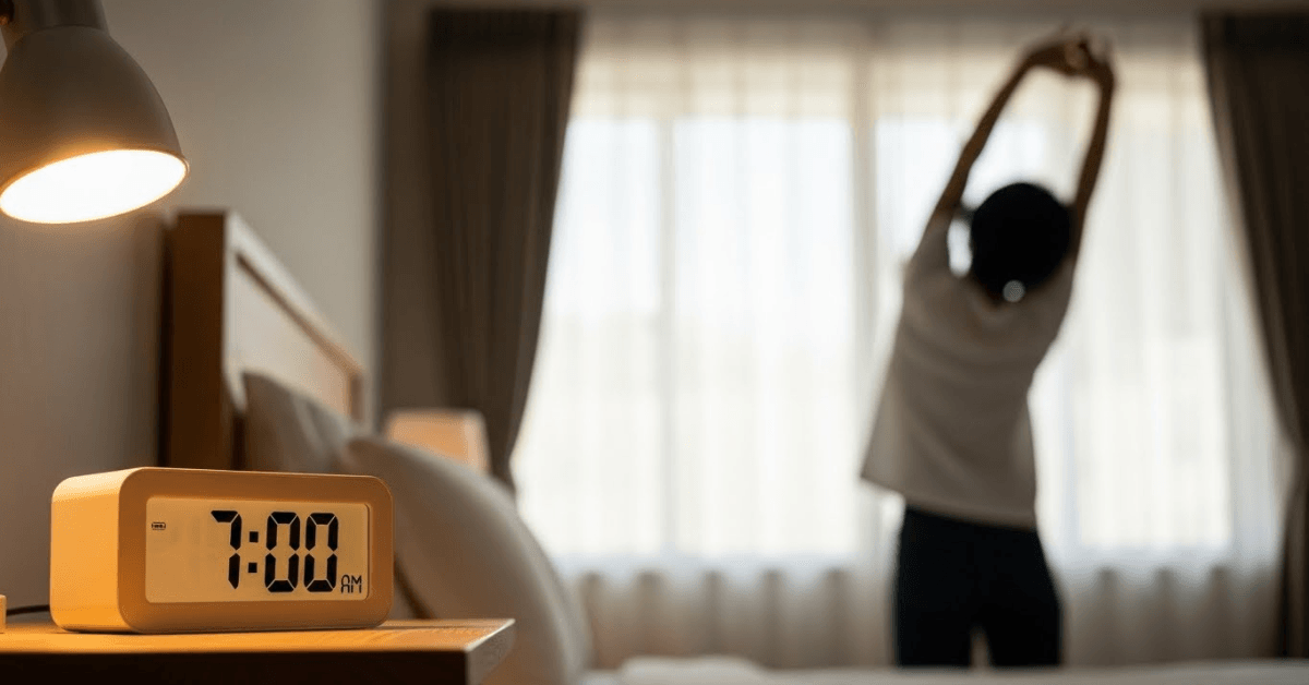 A person stretching near a bed in the morning with a digital clock visible, symbolizing a simple daily movement habit built into a regular routine.