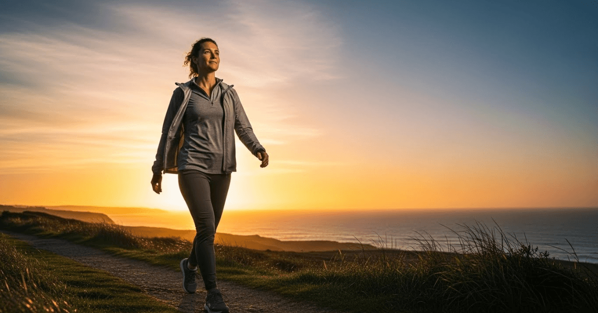 A person walking outdoors at sunrise, symbolizing how small daily movement habits can lead to lasting health, energy, and well-being over time.