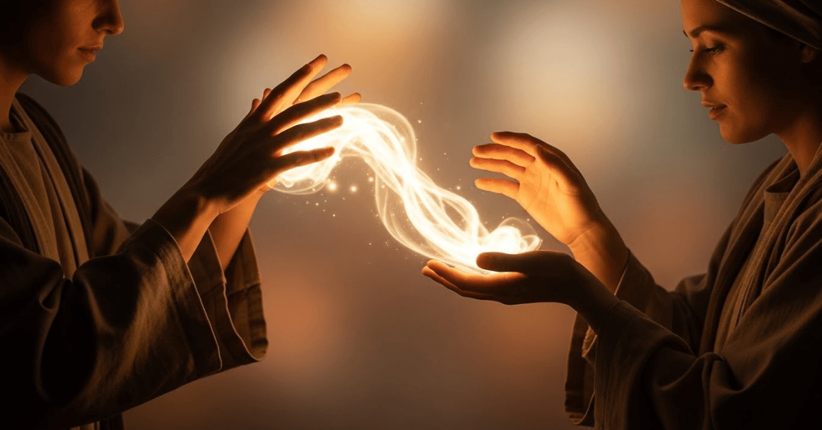Two people gently exchanging a glowing light between their hands, symbolizing belief, encouragement, and confidence being shared from one person to another.