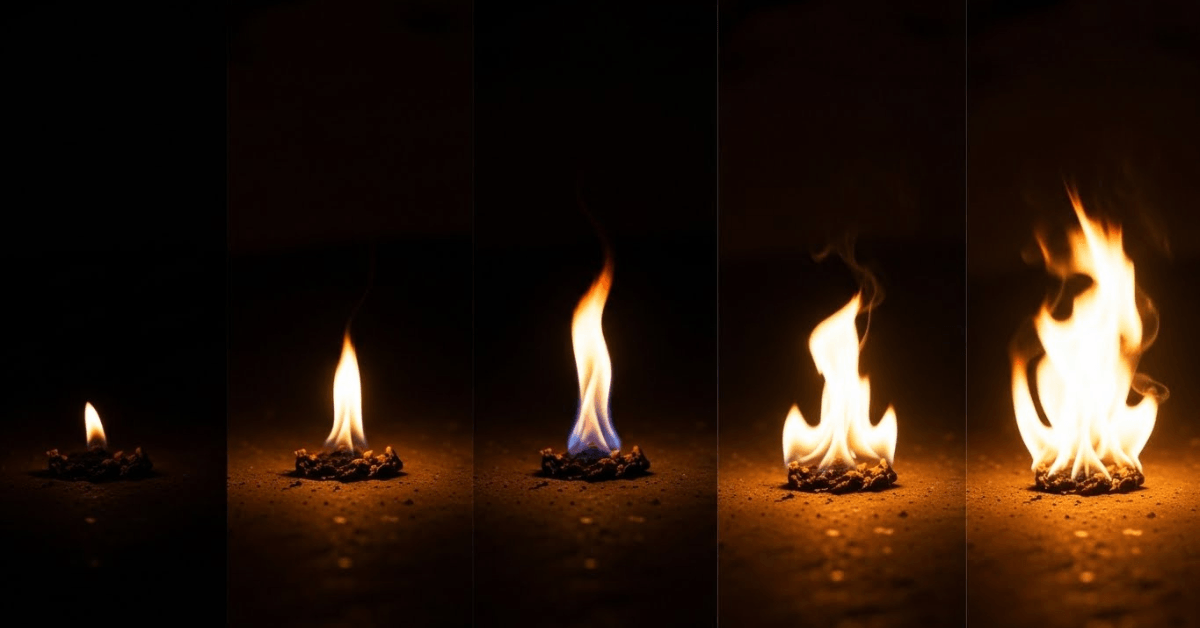 A sequence of flames growing larger and brighter over time, symbolizing belief strengthening gradually through consistency and repeated effort.