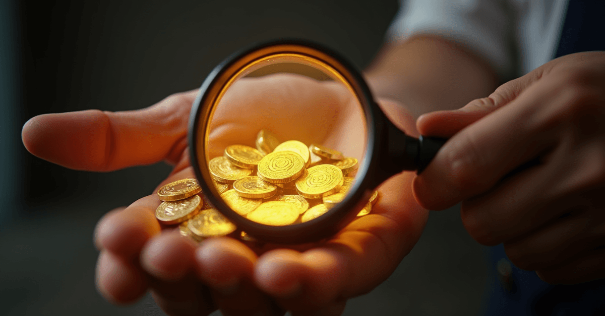 A magnifying glass held over gold coins in a person’s hand, symbolizing the need to carefully examine investments before committing wealth.