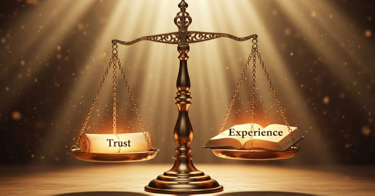 A balanced scale weighing “Trust” against “Experience,” symbolizing the importance of relying on proven wisdom and expertise when making financial decisions.
