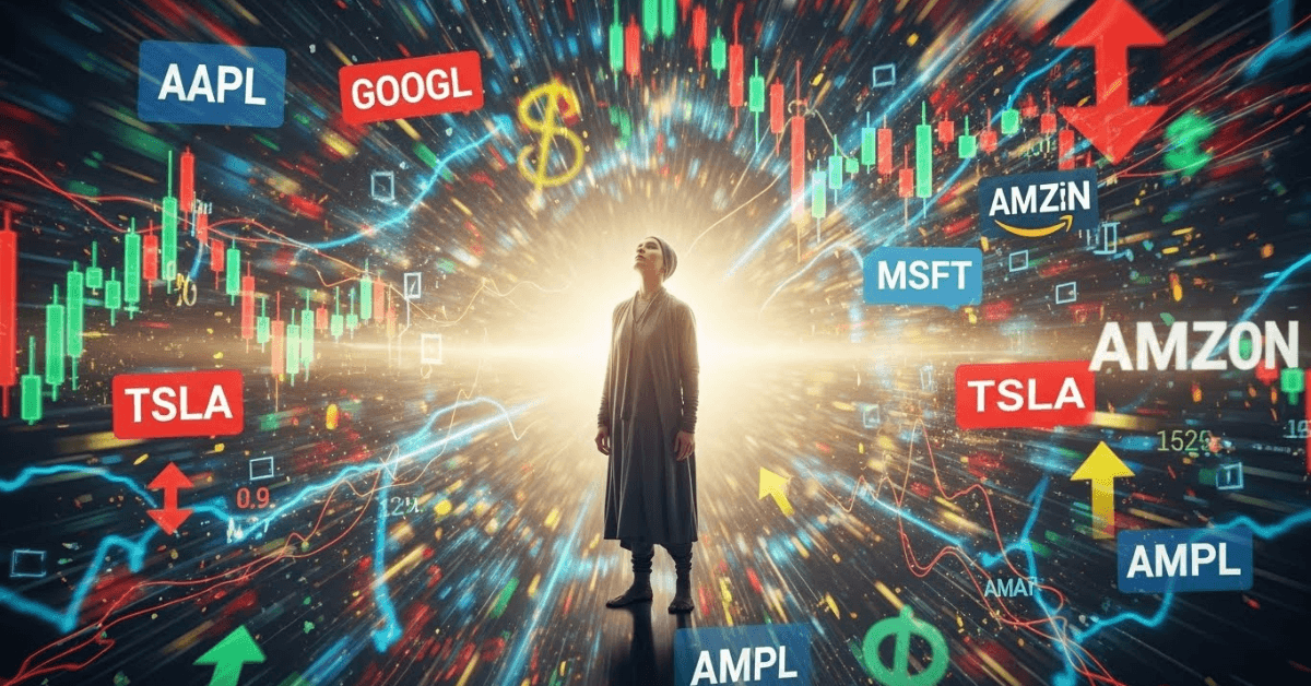 A person standing amid chaotic stock charts, company symbols, and rising arrows, symbolizing the confusion and risk of investing in markets without knowledge or experience.