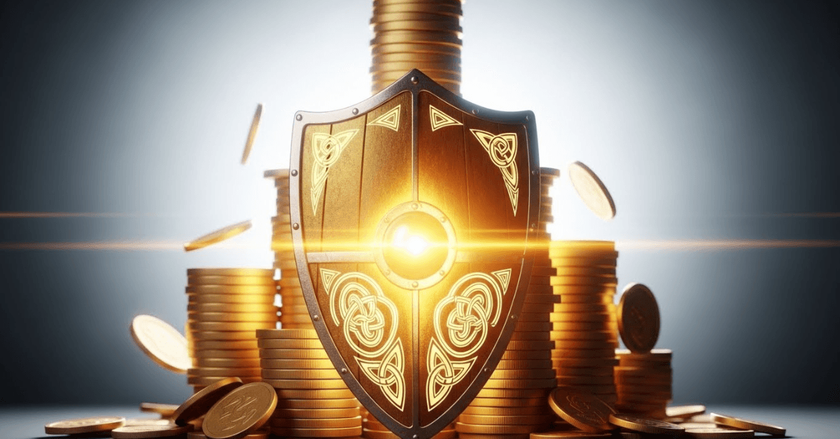 A glowing shield standing before stacked gold coins, symbolizing wealth that grows securely when protected by knowledge, discipline, and wise decision-making.