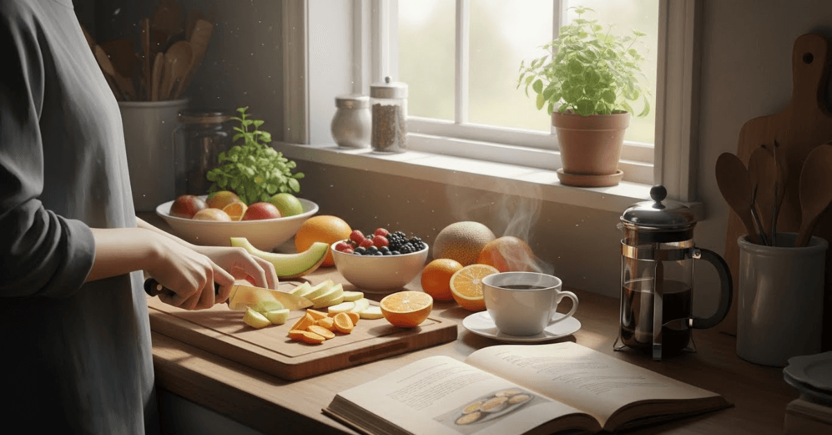 A person preparing fresh fruit and ingredients in a sunlit kitchen while a cup of tea steams nearby, representing a simple morning routine that supports metabolism.