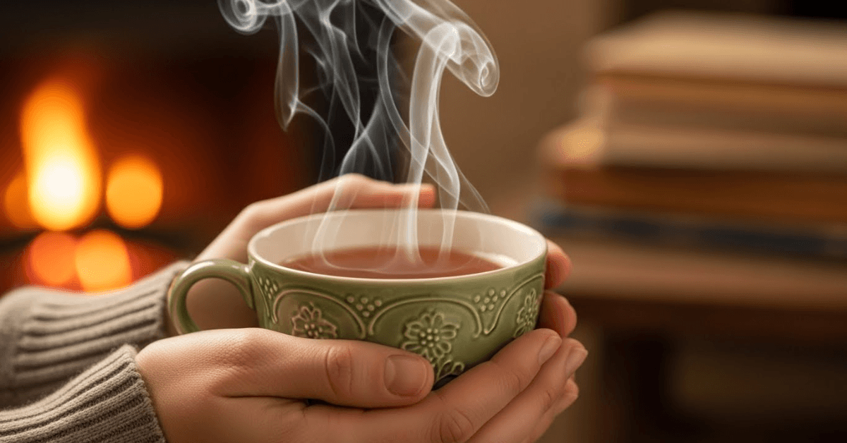 Hands holding a warm cup of tea with steam rising, creating a calming morning ritual that gently supports metabolism and focus.