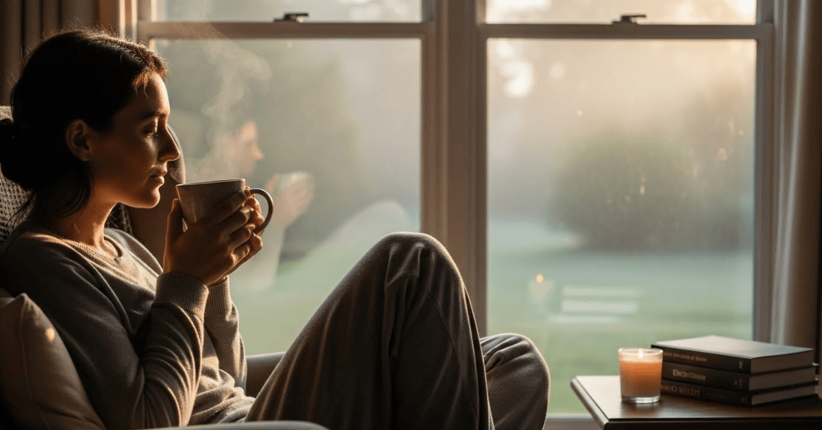 A person relaxing by a window while sipping warm tea in the morning, reflecting a calm routine that supports steady energy and metabolism.