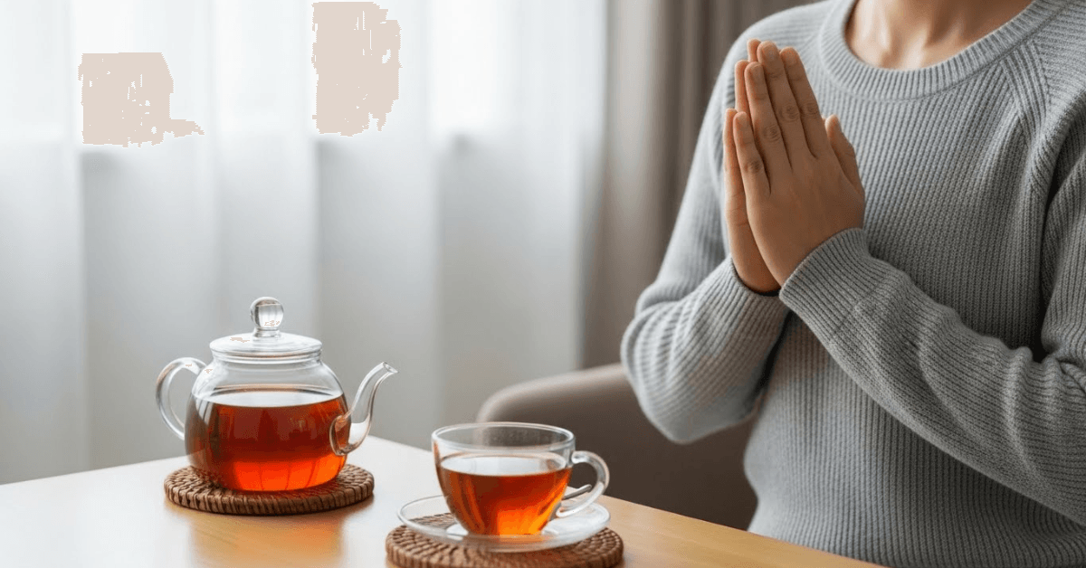 A person pausing with hands together beside a cup of tea, representing a mindful morning moment that supports calm focus and healthy metabolism.