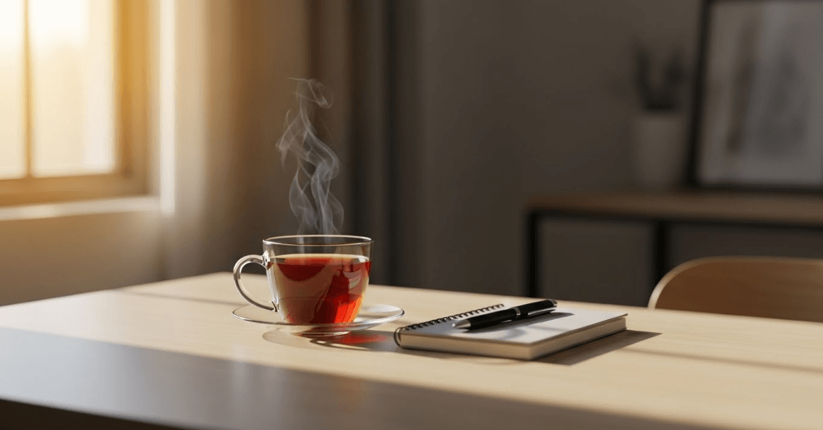 A cup of hot tea steaming beside a notebook on a clean desk in morning light, symbolizing a simple daily habit that supports metabolism and focus.