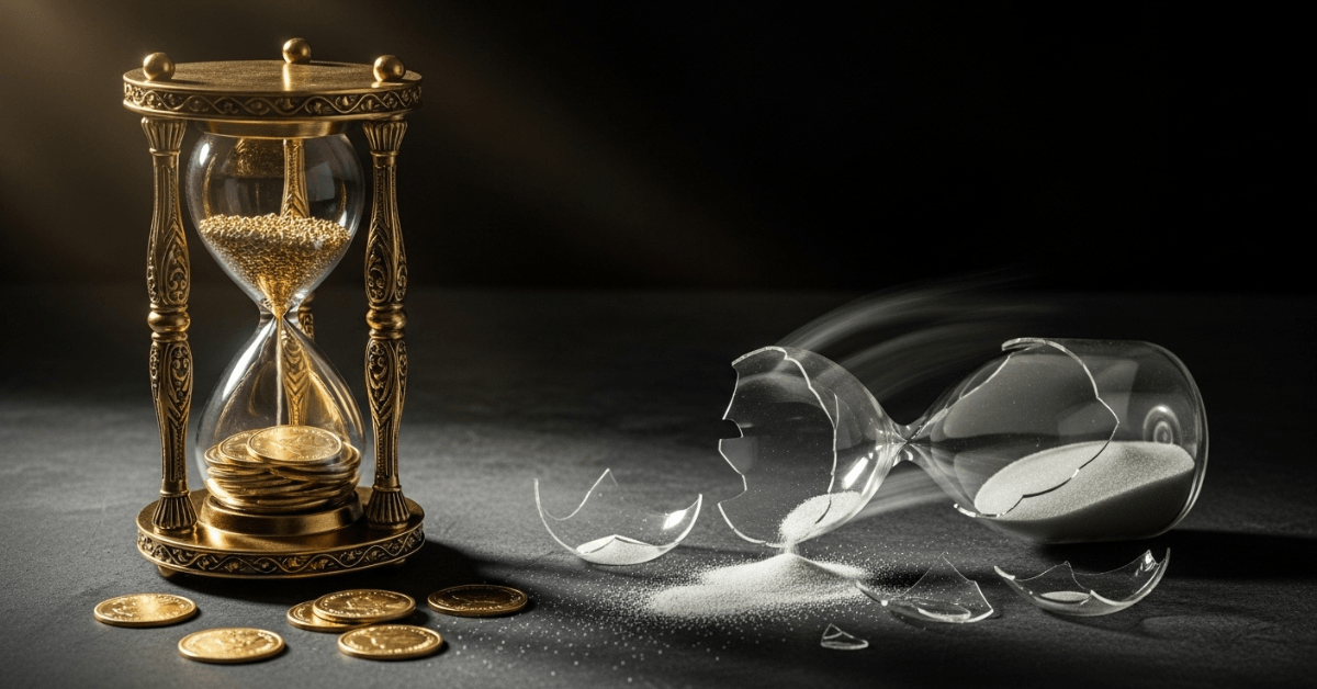 A golden hourglass filled with coins stands intact beside a shattered glass hourglass, symbolizing patient wealth-building versus the destruction caused by rushing for fast money.