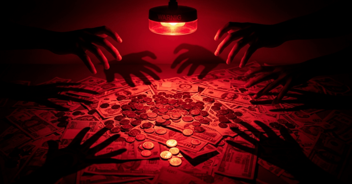 Multiple hands reach toward scattered cash and coins under a red warning light, symbolizing greed, risk, and the danger of chasing money without wisdom or restraint.