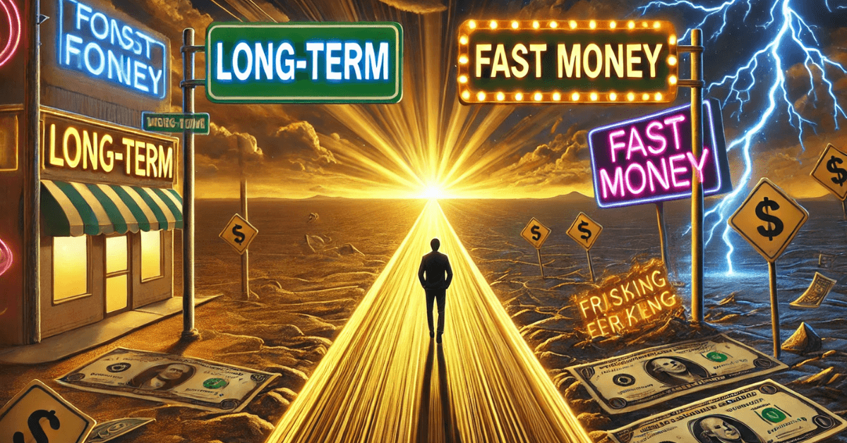 A person walks along a glowing golden path labeled “Long-Term” toward a bright horizon, while chaotic signs advertising “Fast Money” flash amid lightning and danger, symbolizing the choice between disciplined wealth-building and risky shortcuts.