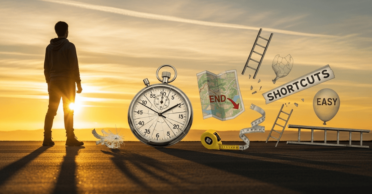 A person stands at sunrise facing symbols of broken shortcuts—cracked ladders, a shattered stopwatch, dead-end maps, and signs reading “easy” and “shortcuts”—illustrating how attempts to rush success often waste time and lead nowhere.
