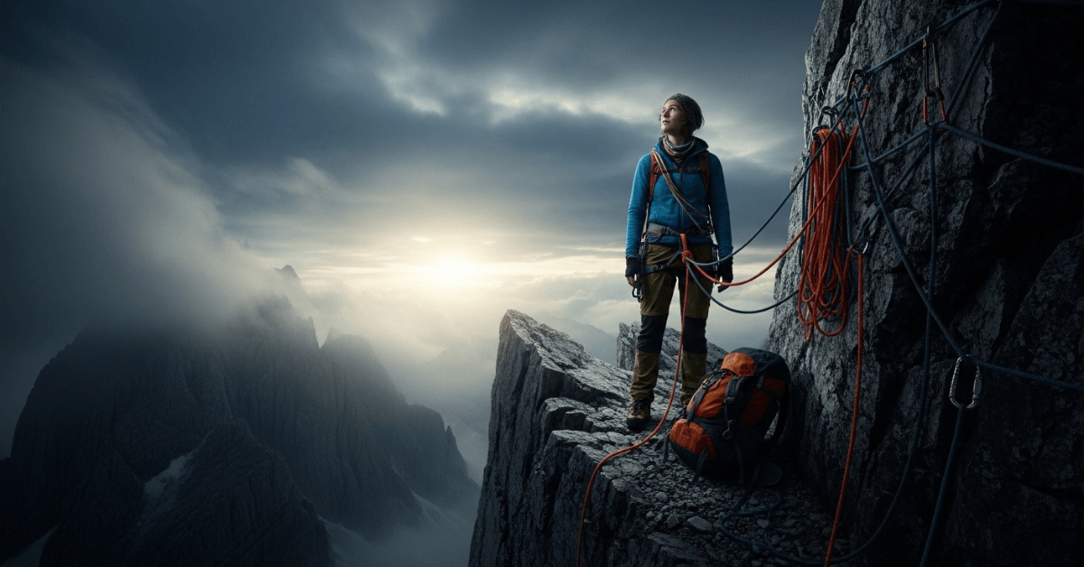 A climber stands secured on a narrow mountain ledge, looking outward from a steep rock face, symbolizing perspective, mental strength, and growth gained through enduring difficult challenges.