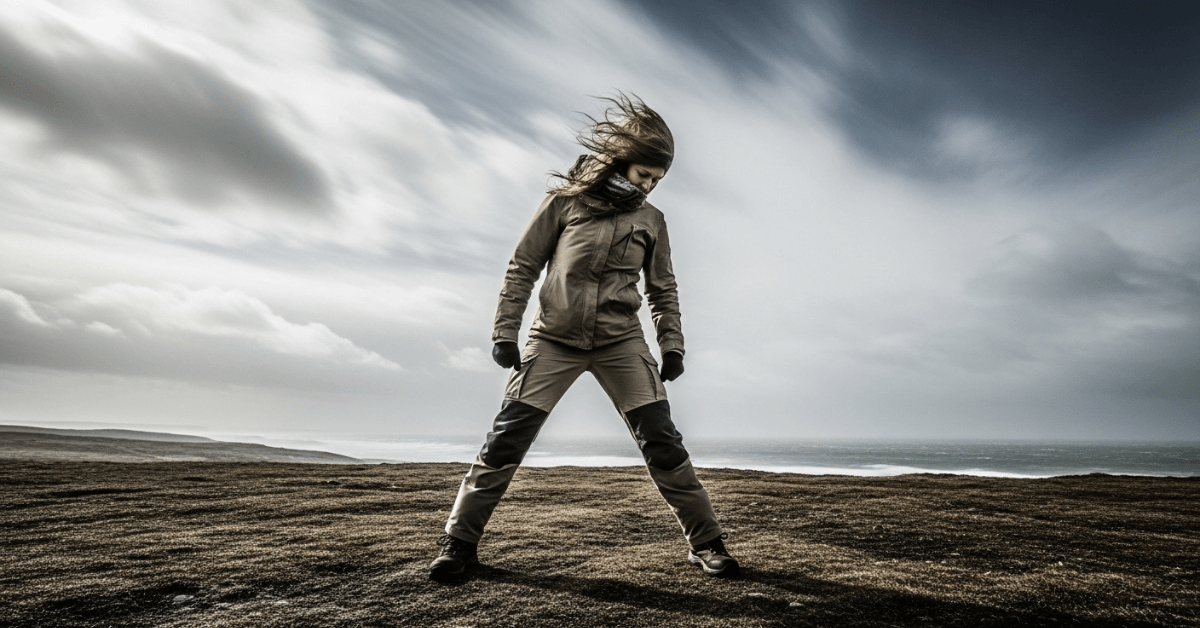 A person stands grounded against strong winds in an open landscape, symbolizing resilience, inner strength, and the ability to remain steady while facing sustained resistance and hardship.