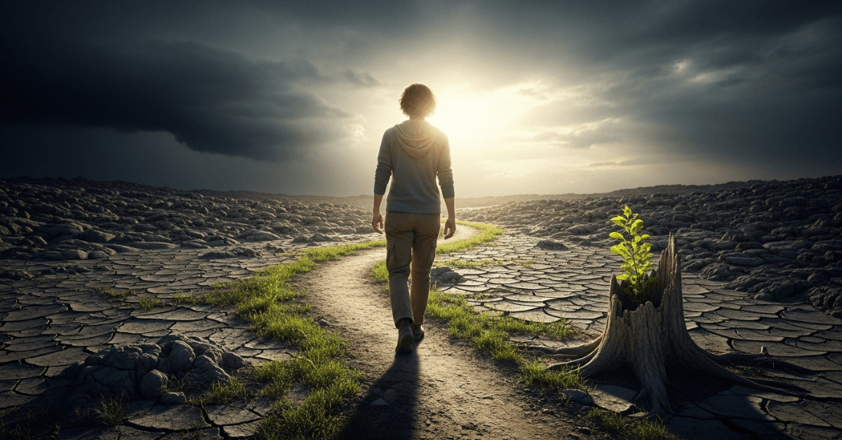 A person walks forward along a narrow path through a cracked, barren landscape as new green growth emerges, symbolizing healing, renewal, and personal growth that comes after enduring pain and adversity.