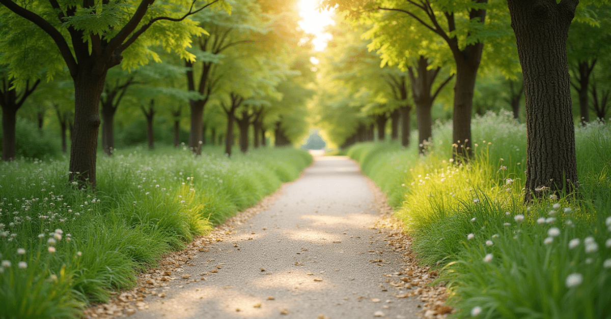 A peaceful tree-lined walking path with sunlight filtering through green foliage, representing walking as a gentle, sustainable activity that supports long-term fat loss and overall wellness.