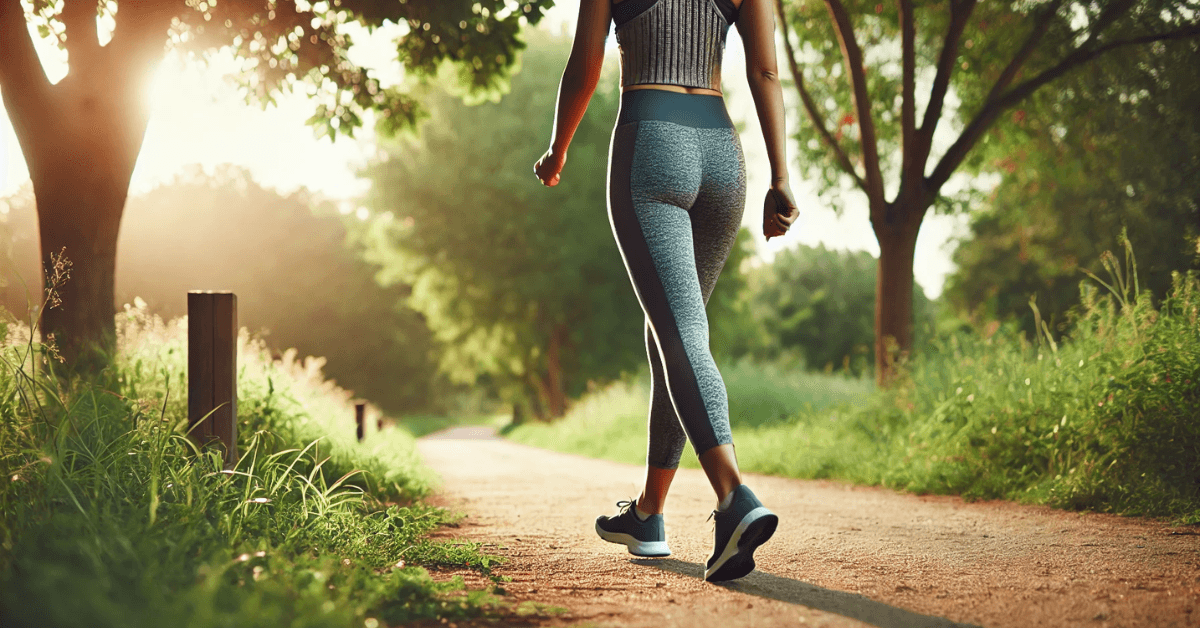 A person walking briskly along a sunlit outdoor path with confident posture, illustrating how steady walking supports fat burning, daily movement, and long-term weight management.