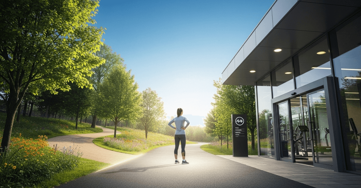 A woman standing outdoors near a fitness center with walking paths around her, illustrating how walking naturally fits into daily routines and supports consistent fat burning without intense workouts.