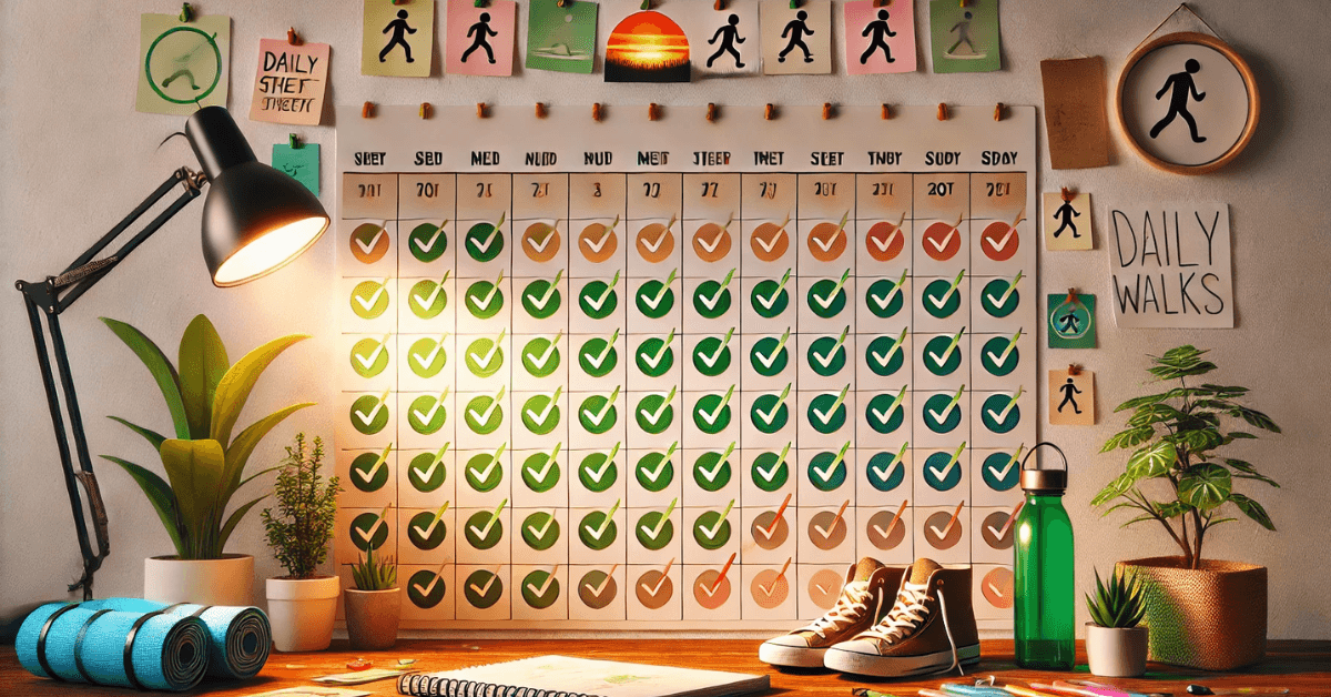 A wall-mounted calendar filled with daily checkmarks, walking icons, and fitness items, symbolizing how consistent daily walks build sustainable fat-burning habits over time.