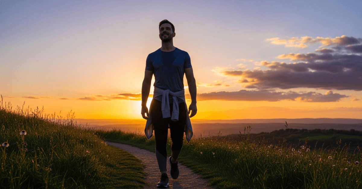 A man walking confidently along a scenic path at sunset, symbolizing how consistent daily walking supports sustainable fat loss, improved health, and long-term lifestyle change.