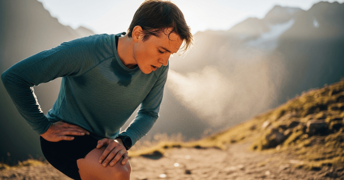 A person paused on a mountain trail, breathing heavily after exertion, symbolizing the physical and mental strain that often comes before visible success.