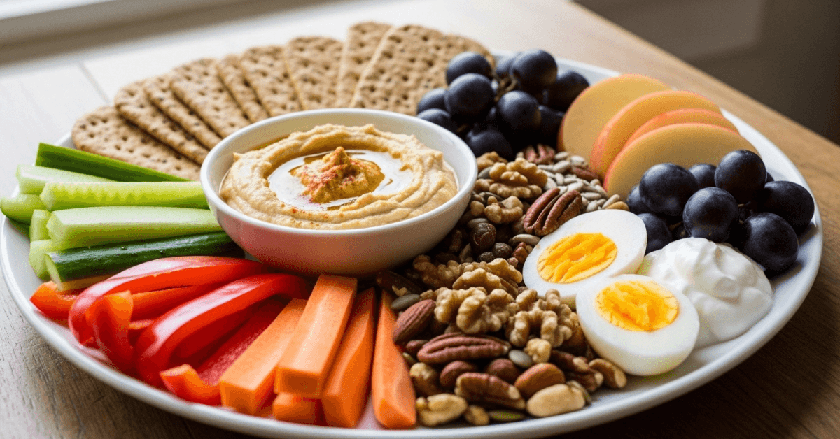 A balanced snack plate with hummus, whole grain crackers, vegetables, nuts, fruit, yogurt, and hard-boiled eggs, showing a combination of protein, fiber, and healthy fats for steady energy.