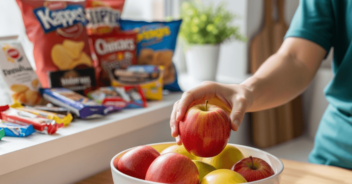 A person reaching for a fresh apple from a bowl while packaged snack foods sit in the background, symbolizing choosing natural snacks over processed options for better energy.