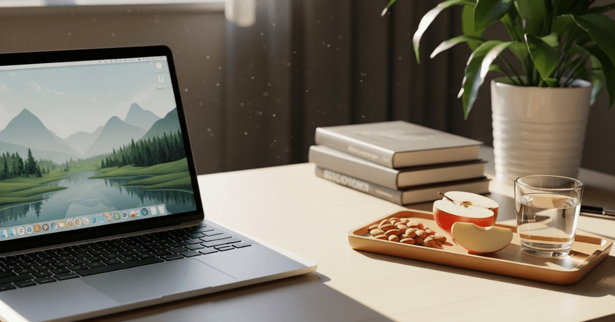 A calm workspace with a laptop, books, water, nuts, and sliced fruit on a desk, representing a balanced snack setup that supports steady energy without caffeine.