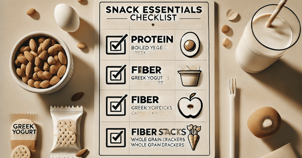 A clean snack essentials checklist showing protein, fiber, and whole-food options like nuts, yogurt, eggs, crackers, and milk, representing balanced snacks that prevent energy crashes without caffeine.