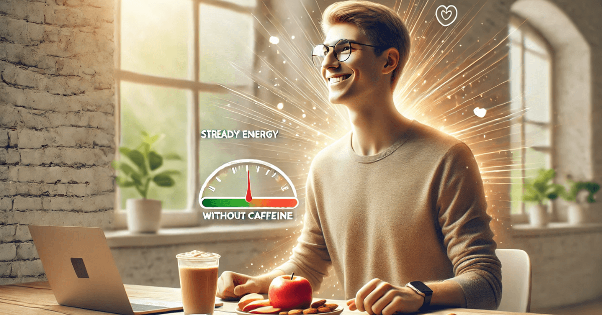 A person smiling and focused while working at a desk with healthy snacks like an apple and nuts, symbolizing sustained energy and mental clarity without relying on caffeine.
