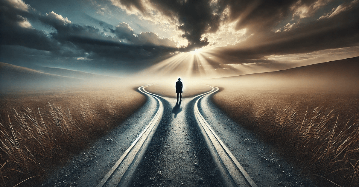 A solitary person standing at a fork in a long road under dramatic skies, symbolizing hesitation, overthinking, and the struggle to choose the “perfect” path before taking action.