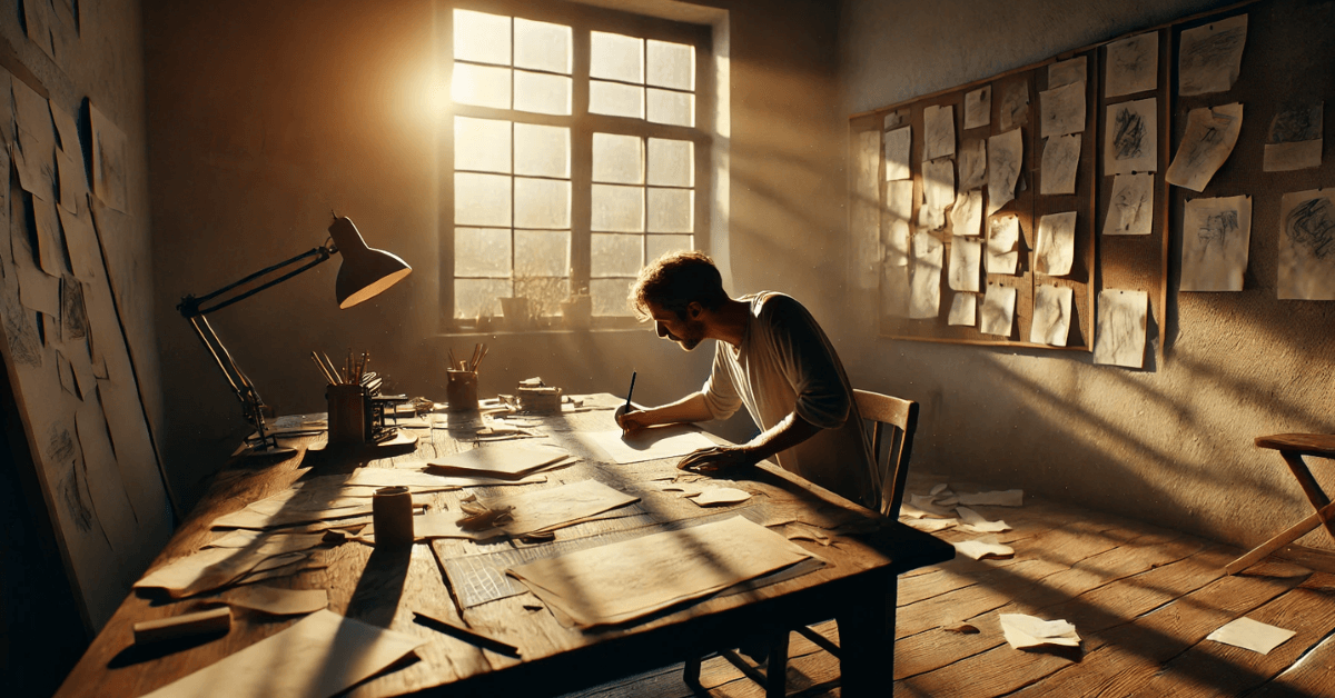 A person working at a simple wooden desk in warm morning light, surrounded by scattered sketches and imperfect drafts, symbolizing progress through action rather than perfection.