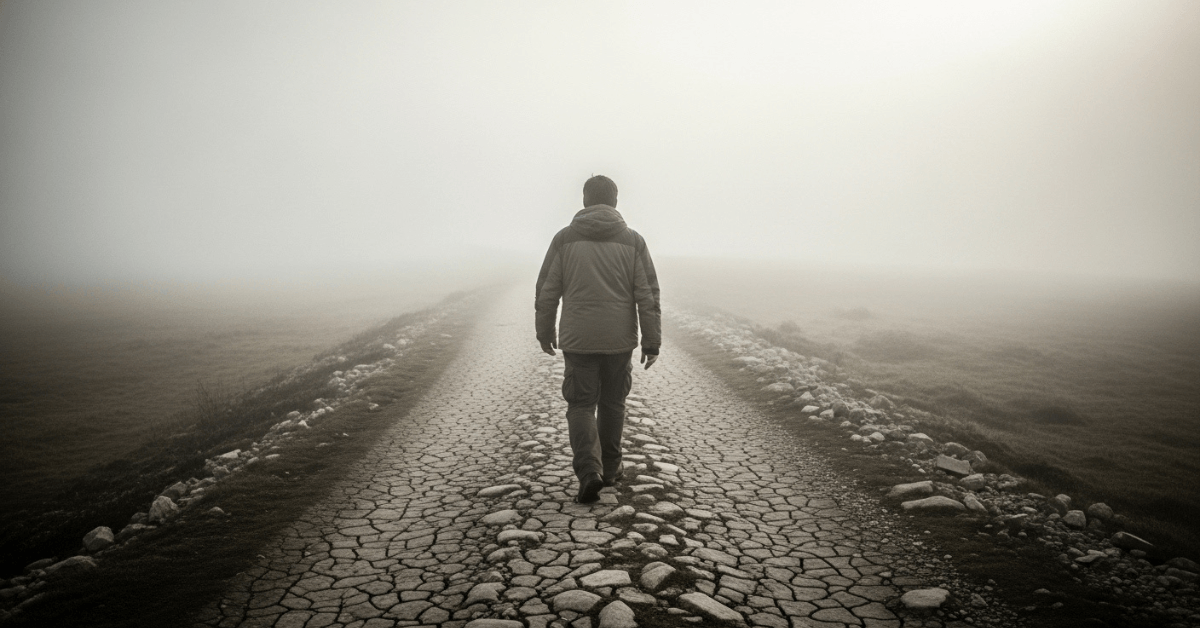 A person walking alone down a cracked stone road disappearing into thick fog, symbolizing progress despite uncertainty and imperfect conditions.