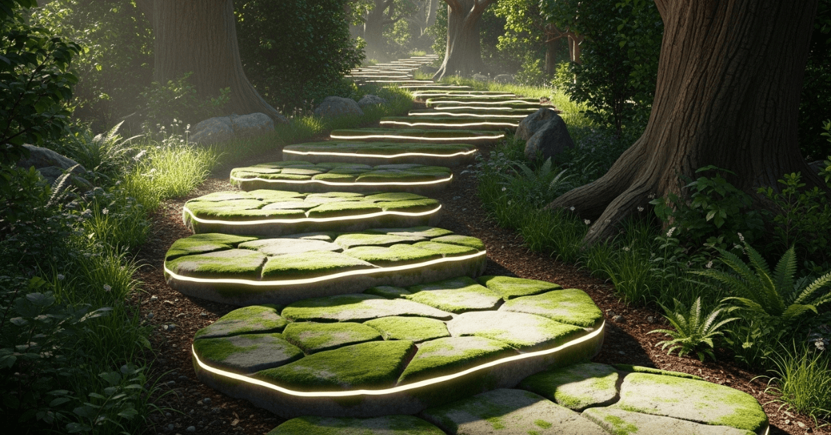 A forest pathway made of glowing moss-covered stepping stones stretching forward between trees, symbolizing steady progress through small, consistent steps.