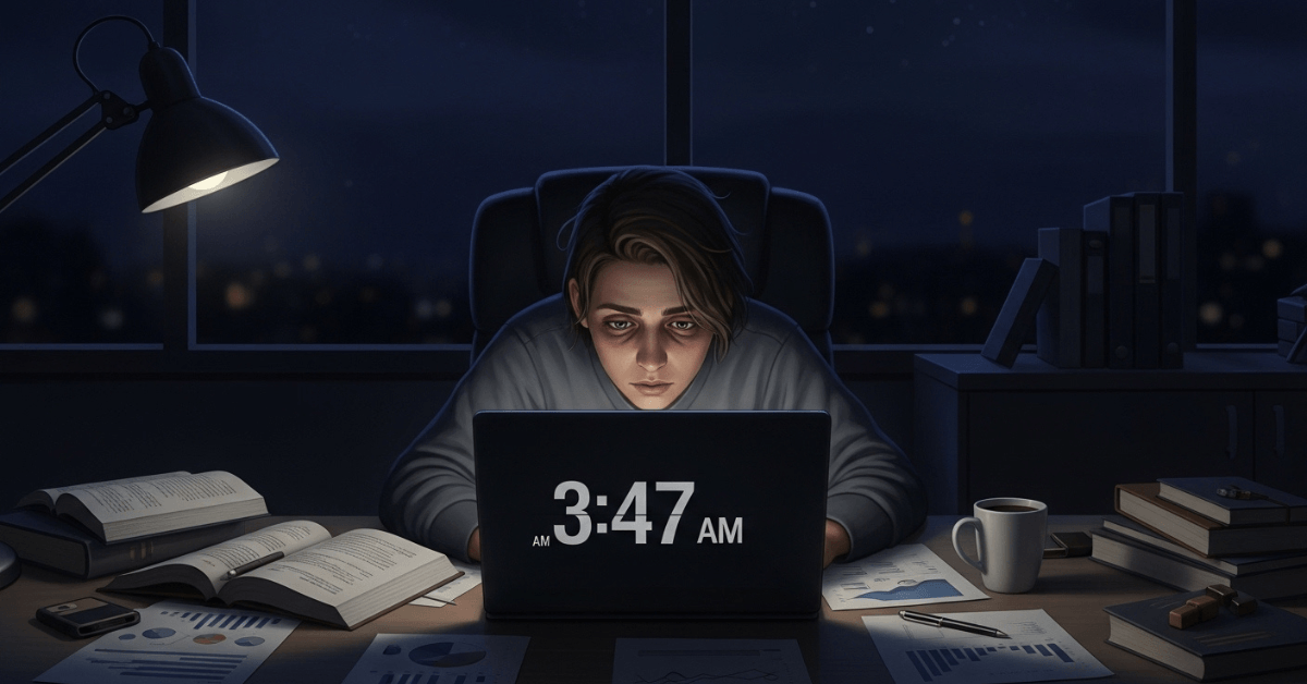 A tired person working alone at a laptop at 3:47 AM, surrounded by papers and coffee, symbolizing chronic overwork and early-stage burnout.