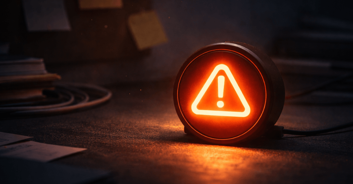 A glowing red warning light with an exclamation mark on a dark desk, symbolizing early signs of burnout and ignored stress signals.