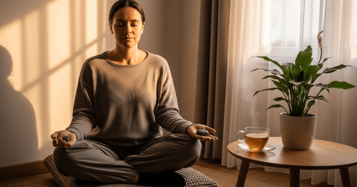 A woman sitting cross-legged in soft natural light with eyes closed, meditating beside a cup of tea and a houseplant, symbolizing intentional rest and energy protection before burnout.